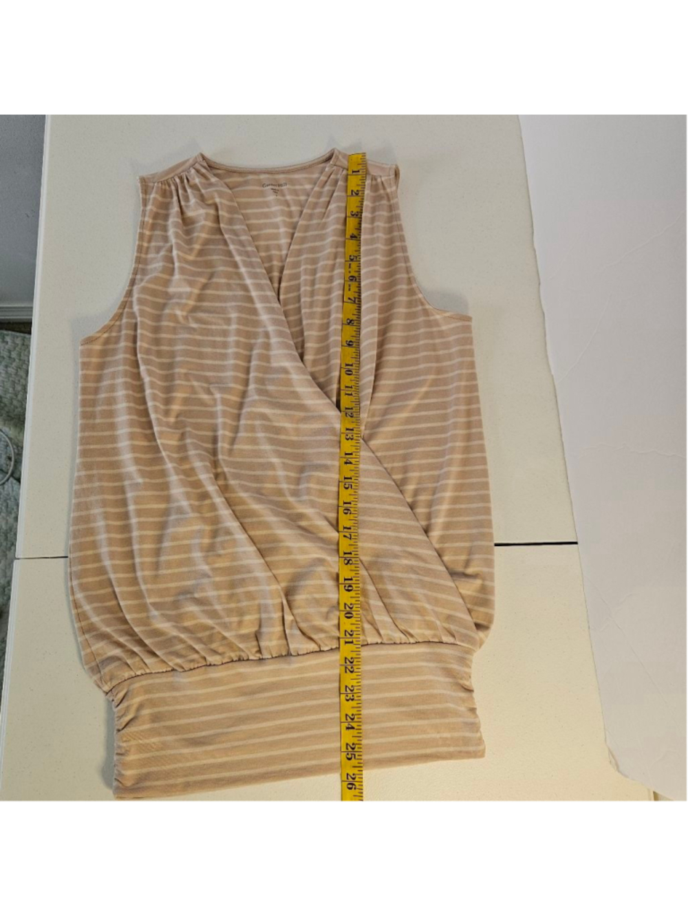 Garnet Hill Banded Surplice Knit Tank Top S Tan White Striped Wrap Blouson - Picture 10 of 10